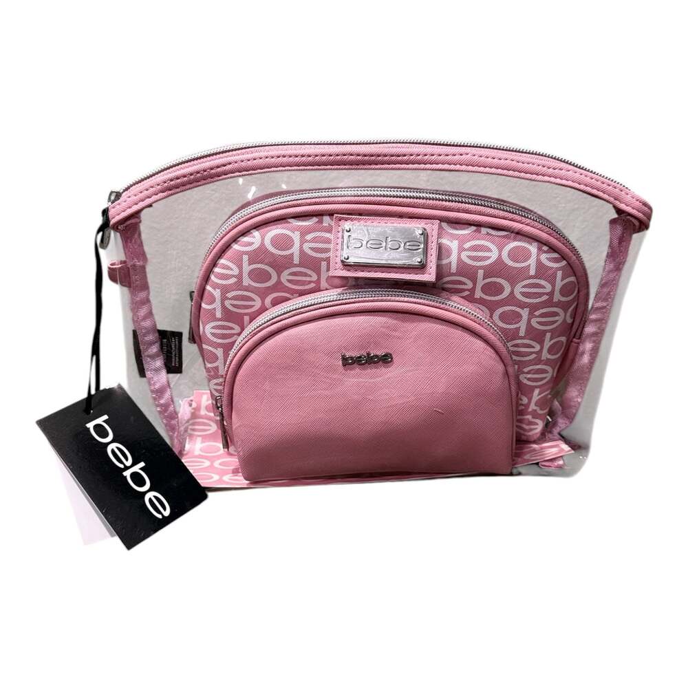 bebe 3-Piece Pink Silver Cosmetic Makeup Travel Bag Set with Toiletry Bottles